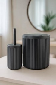 Resim Lines Serisi Gri Banyo Seti, 2 Parça Akrilik Silindir 5 Litre Çöp Kovası Ve Tuvalet Fırçası Takımı 3 Gri 