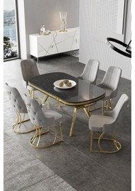 Resim Canisa Epal Serisi 90x168 Lak Panel Siyah Mermer Desen Masa Takımı Gold Ayaklı 6 Gri Sandalye Masa Siyah Mermer Desen Sandalye Gri 