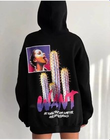 Resim Hazego Baskılı Üç İplik Kapüşonlu Oversize Sweatshirt - Siyah Siyah 