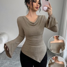 Resim Kadınların Zarif Asimetrik Uzun Kollu Üstü - Yumuşak ve Rahat Dar Kesim Kazak, Yırtmaçlı Kolları, Düz Renk Çok Yönlü Sonbahar/Kış Modası, Şık Katman Parçası, Günlük veya Resmi Kıyafetler İçin, Kış Modası Üstü | Asimetrik Tasarım | Yapı, Bayanlar Kazakları 