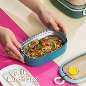 Resim Porsima 3114-1 Stainless Steel Vakumlu Lunch Box Tek Katlı Paslanmaz Çelik Kolay Kilitlenir Kendinden Kaşıklı Sefer Tası – 750ML Mavi 