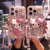 Resim Sevimli Hello Kitty Tam Ekran El Yapımı Taklit Kristal Taşlı Kalp Telefon Kılıfı Bileklik ile iPhone 16 15 14 13 12 11 Pro Max için Uygun 