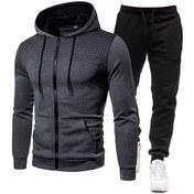 Resim Nokta Baskılı Fermuarlı Kapüşonlu Sweatshirt Takımı Erkek Spor Sweatshirt Ve Eşofmanı Koyu Gri Siyah Pantolon 