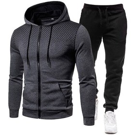 Resim Nokta Baskılı Fermuarlı Kapüşonlu Sweatshirt Takımı Erkek Spor Sweatshirt Ve Eşofmanı Koyu Gri Siyah Pantolon 