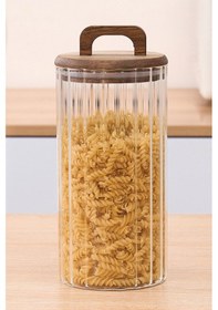 Resim Qerhome Borosilikat Cam Optik Çizgili Akasya Kapaklı Kavanoz Zahire 3200 Ml Şeffaf 
