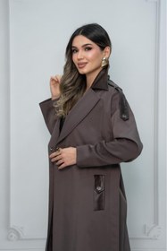 Resim Eccim Fashion Deri Detaylı Broşlu Sade Uzun Kadın Ceket Trençkot 