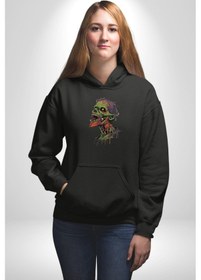 Resim Zombi Kafası Kadın Erkek Siyah Kapüşonlu Sweatshirt Hoodie Siyah 