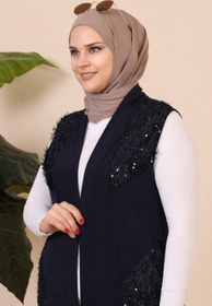 Resim Ferace Büyük Beden Payet Detaylı Uzun Yelek | Likralı Rahat Kesim Tesettür Yelek 