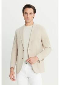 Resim Erkek Bej %100 Pamuk Slim Fit Dar Kesim Mono Yaka Torba Cepli Blazer Ceket Bej 