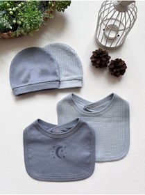 Resim GizaKids %100 Pamuk Bebek Penye Şapka Önlük 4 Parça Set | Kız Erkek Unisex 