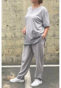 Resim Mia Butik Büyük Beden Verona Gri Keten Takım Gri 