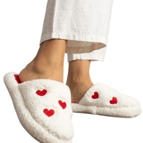 Resim Liger Kadın Pofuduk Nakışlı Ev Terliği Çeyiz Bohça Terliği Valentine's Day BEYAZ - KIRMIZI 