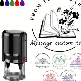 Resim Özel Yuvarlak Kitap Damgası - Çiçek ve Kitaplık İllüstrasyonlarıyla Kişiselleştirilmiş Kütüphane Tasarımı - 4.01 cm Çapında - ABS Malzeme - Kitap Severler ve Ofis Kullanımı için Mükemmel, Kitap Sever Hediyeleri 