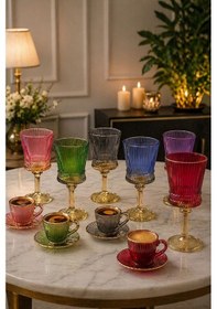 Resim Heren 6'lı Çift Renk Kristal Ayaklı Kahve Yanı Su Ve Meşrubat Bardağı 140ml Çok Renkli 