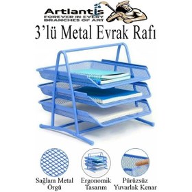 Resim Mavi Metal Evrak Rafı 3 Lü Ve Masaüstü Kalemlik 1 Paket Masaüstü A4 Dosya 3 Katlı Düzenleyici Kağıt Tepsisi Metal Mavi 
