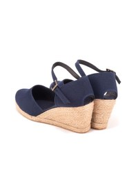 Resim Star Tombis Gerçek Elişi Bilekten Bantlı Topuğu Açık Keten Espadril Dolgu Topuk Handmade Lacivert 
