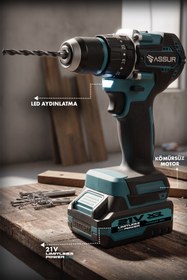 Resim ASSUR 21V ÇİFT AKÜ 74 PARÇA ŞARJLI DARBELİ MATKAP KÖMÜRSÜZ ÇELİK MANDREN VİDALAMA DARBELİ MATKAP 