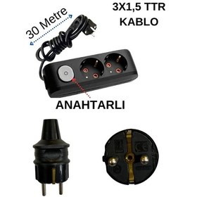 Resim Avarson 2'li İkili Priz Topraklı Anahtarlı Kablolu Siyah 3x1,5 Ttr 30 Otuz Metre 