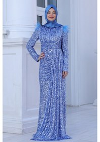 Resim Raika Moda Parıltılı Kol Tüy Detaylı Şura Tesettür Büyük Abiye İndigo 