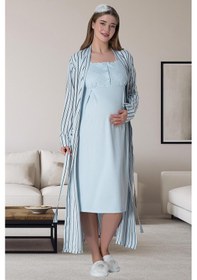 Resim Mecit Pijama Mecit 6006 Mavi Çizgili Uzun Sabahlıklı Lohusa Gecelik Takım 