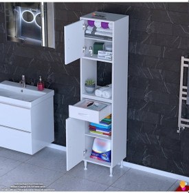 Resim Modilayn Arda Banyo Dolabı 50x173x32,5cm 1 Çekmece 2 Kapak Ve 5 Raflı İhtiyaca Uygun Kolay Kurulum Beyaz 