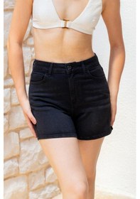 Resim HLT Jeans Siyah Kadın Lily Likralı Mom Fit Yüksek Bel Esnek 90's Kot Şort Lily-siyah 001 