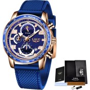 Resim Hanyang S Gül Altın Mavi Lıge Casual Erkek Saatler Üst Marka Lüks Kuvars Izle Su Geçirmez Kronograf Erkek Tarih Silikon Kayış Spor Saat Montre Homme (Yurt Dışından) 