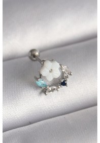 Resim 316l Çelik Gümüş Renk Zirkon Taş Detay Beyaz Çiçek Model Tragus Piercing Tj-pr1359 Çok Renkli 