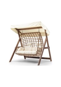 Resim Girne Swing Ahşap Rattan Salıncak Dış Mekan Bahçe Balkon Ve Teras Salıncağı Krem 