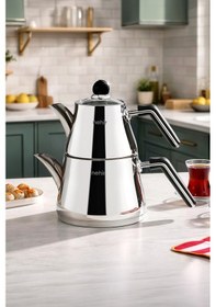 Resim Luna Midi Büyük Boy Paslanmaz Çelik 0.75-1.50 Litre Çaydanlık Takımı Gümüş 