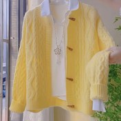 Resim Kadınlar için Şık Polyester Yuvarlak Yaka Hırka - Uzun Kollu, Orta Esnekliğe Sahip Düz Renkli Örgü Kumaş, Vintage Kablo Örgü Dokusu, Düğmeli Pat, Kısa Uzunluk, Bol Kesim - İlkbahar/Sonbahar Koleksiyonu 
