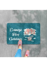 Resim Dijital Baskılı Kapı Önü Paspas Hoşgeldiniz Yazılı Çiçek Desenıç Ve Dış Kapı Paspası Yıkanabilir Gri 