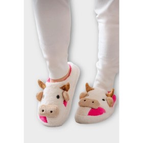 Resim Liger Inek Figürlü Nakışlı Kaydırmaz Taban Kışlık Unisex Ev Terliği Beyaz - Fuşya 