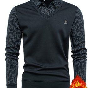 Resim Erkek Uzun Kollu Polo Yaka Tişört, Suni Yelek Tasarımı | Sonbahar-Kış, Esnemeyen Kumaş, Günlük Stil, Dekoratif Rhinestone Harfler, Düğmeli, Günlük Kullanım ve İş Yeri için İdeal 