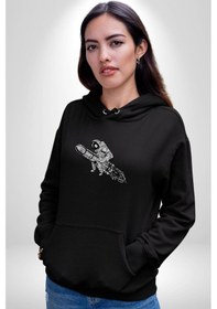 Resim Roket Astronot Kadın Erkek Siyah Kapüşonlu Sweatshirt Hoodie Siyah 