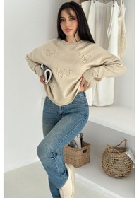 Resim Noa & Noa Kadın Kelebek Nakışlı Örgü Kazak Naif & Dekoratif Stil Bej 