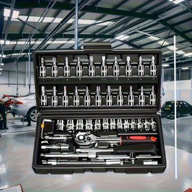 Resim 46 Parçalı Mekanik Soket Takımı, 1/2" 1/4" 3/8" SAE ve Metrik Boyutlar, 72 Dişli Mandren Anahtar Seti - Otomotiv, Ev, Garaj, Bisiklet Bagajı İçin 