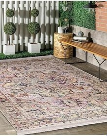 Resim RealHomes Krem Zemin Uşak Motifli Geleneksel Desenli Avangarde Eskitme Motifli Salon Kaymaz Taban Saçaklı Halı HaliDik-Deluxe-11126, 150 x 300 