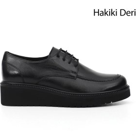 Resim Gönderi® Kadın Siyah Bağcıklı Dolgu Taban Hakiki Deri Ayakkabı 
