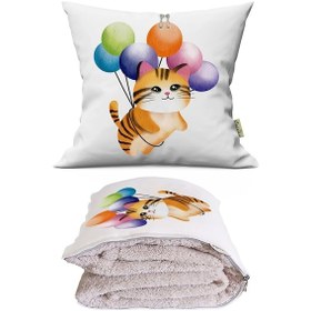 Resim Uçan Balonlu Kedicik Tv Battaniyeli Opsiyonel Dekoratif Araç İçi Yastık Çok Renkli 