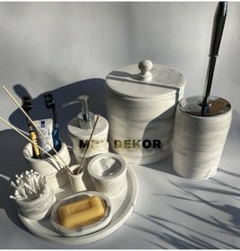 Resim MRY DEKOR Mermer Desenli Çoklu Çöp Kovalı Banyo Seti V1 (gümüş Başlıklı) 