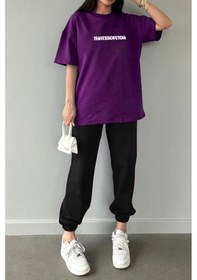 Resim Thatssofetch Mor T-shirt Siyah Eşofman Altı Jogger - Baskılı Alt Üst Takım Bisiklet Yaka Mor Siyah 