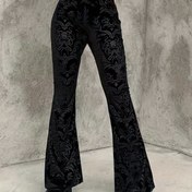 Resim Botanik Kabartmalı Yüksek Bel Kadın Siyah Geniş Paça Pantolonlar - Bahar/Sonbahar için Kadife Gibi Orta Esneklikte Pantolonlar, Makinede Yıkanabilir Şık Pantolonlar Günlük ve Resmi Etkinlikler İçin | Zarif Tarz | Jakar Dokulu 