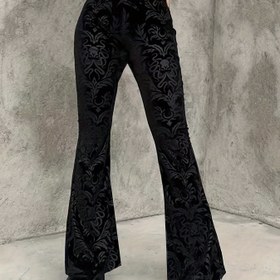Resim Botanik Kabartmalı Yüksek Bel Kadın Siyah Geniş Paça Pantolonlar - Bahar/Sonbahar için Kadife Gibi Orta Esneklikte Pantolonlar, Makinede Yıkanabilir Şık Pantolonlar Günlük ve Resmi Etkinlikler İçin | Zarif Tarz | Jakar Dokulu 