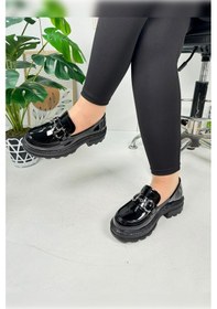Resim Günlük Kadın Loafer V Tokalı Kalın Topuklu Tırtıklı Tabanlı Oval Burunlu Makosen Ayakkabı 7455 - 7453 7453-siyahrugan 