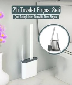 Resim 2'li Silikon Tuvalet Fırçası Seti Esnek Başlıklı Klozet Fırçası & Kenar Fırçası, Beyaz Açık Ahşap 
