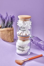 Resim FBZhome 2'li Ahşap Kapaklı Makyaj Pamuğu & Kulak Pamuğu Organizeri 300 Ml Pamukluk 