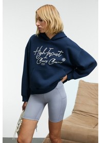 Resim Grimelange KIKRES Kadın Kapüşonlu Nakış Detaylı Oversize Lacivert Sweatshirt 