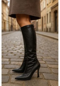 Resim Diz Altı Streç Kadın Topuklu Çizme Siyah 