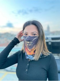 Resim Motobros Alevlli Kuru Kafa Desenli Dikişsiz Dijital Baskı Baf Buff Bandana Boyunluk 